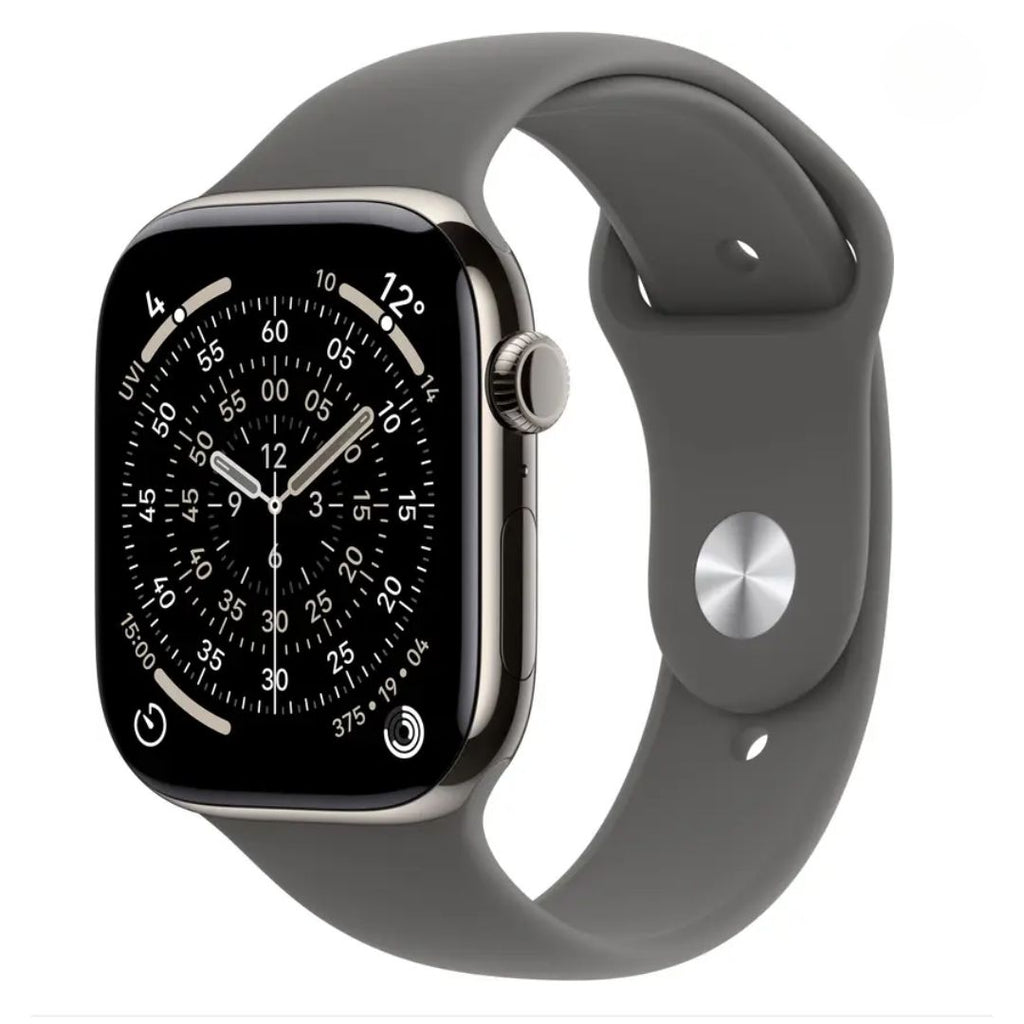 Watch Series 11 GPS+Cellular with Stone Grey Sport Band - S/M (42mm Retina LTPO3 OLED Display, Natural Titanium Case, Grey & Black Strap)