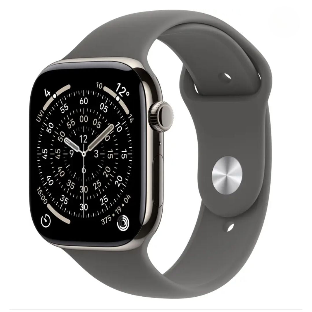 Watch Series 11 GPS+Cellular with Stone Grey Sport Band - S/M (42mm Retina LTPO3 OLED Display, Natural Titanium Case, Grey & Black Strap)