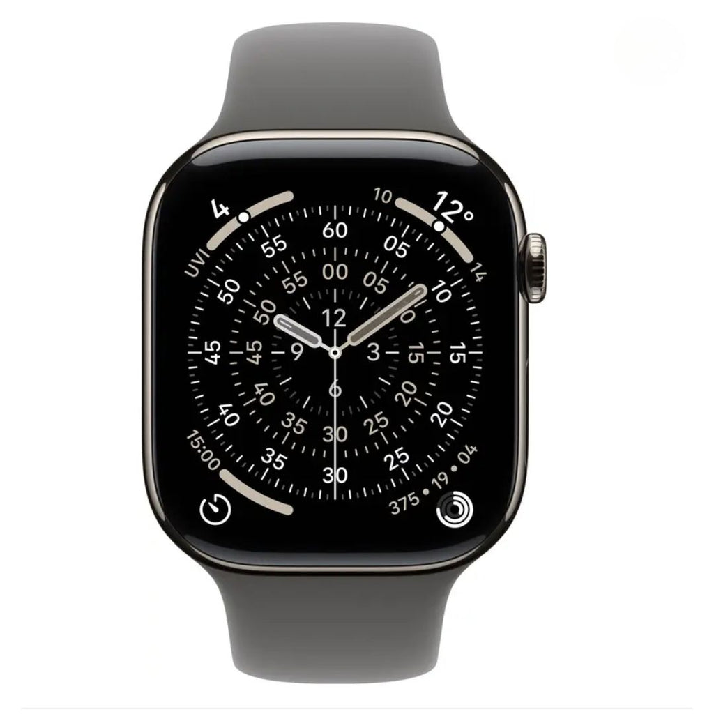 Watch Series 11 GPS+Cellular with Stone Grey Sport Band - S/M (42mm Retina LTPO3 OLED Display, Natural Titanium Case, Grey & Black Strap)