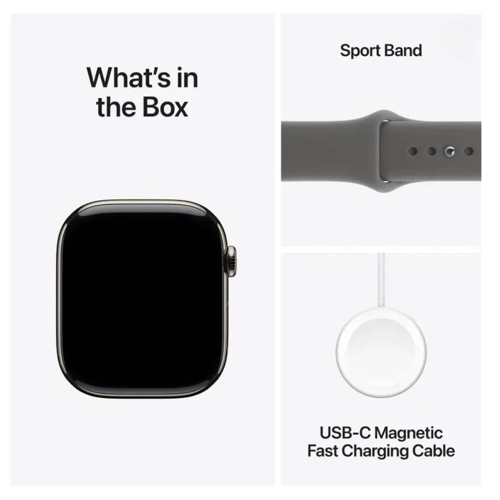 Watch Series 11 GPS+Cellular with Stone Grey Sport Band - S/M (42mm Retina LTPO3 OLED Display, Natural Titanium Case, Grey & Black Strap)