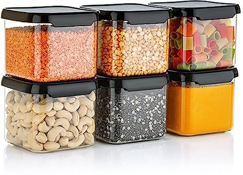 Unbreakable Pack Of 6 Air Tight Square Plastic Containers Set For Kitchen Storage, Kitchen Container, Storage/Container Sets, Plastic Container, Air-Tight Design (500 Ml) (6), Black