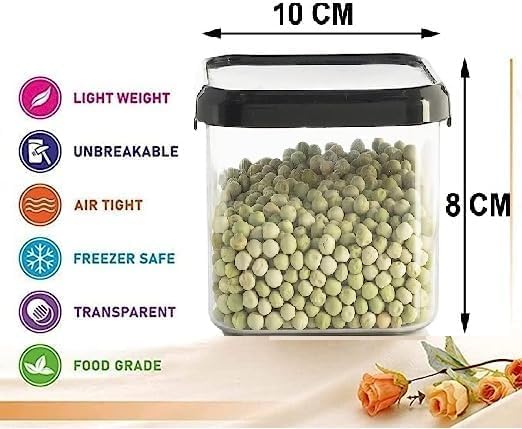 Unbreakable Pack Of 6 Air Tight Square Plastic Containers Set For Kitchen Storage, Kitchen Container, Storage/Container Sets, Plastic Container, Air-Tight Design (500 Ml) (6), Black