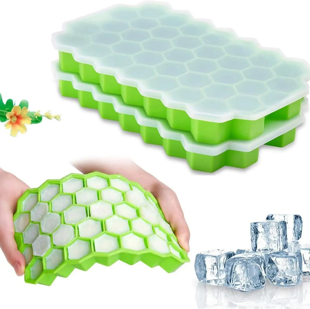 Ice Cube Trays Silicone Ice Cube Molds, Easy-Release and Flexible 37 Ice Trays BPA Free, for Whiskey Cocktail, Stackable and Safe Ice Cube Honeycomb Small Cubes Fridge Bar Soft Tray (with Lid) (1)