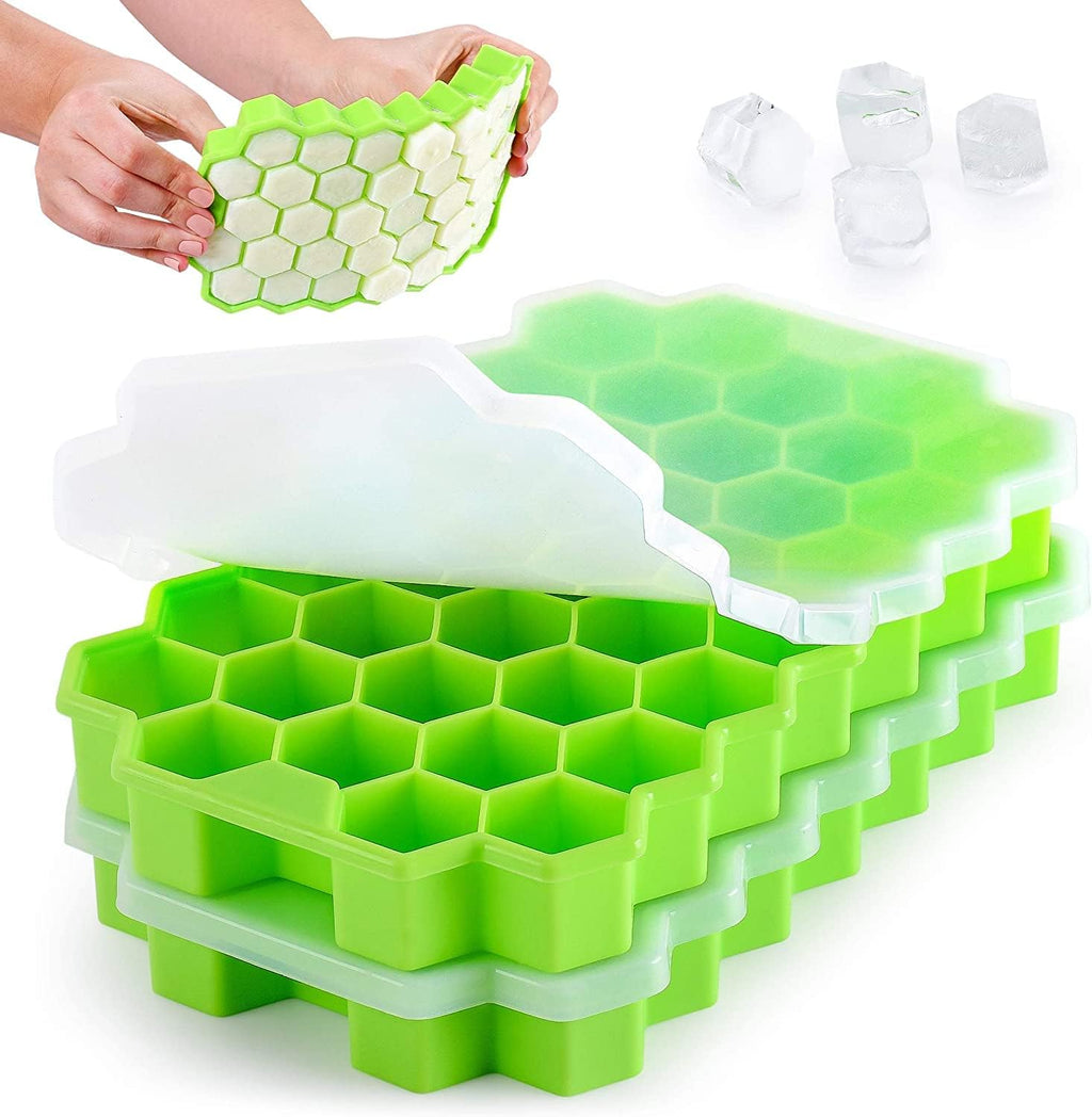 Ice Cube Trays Silicone Ice Cube Molds, Easy-Release and Flexible 37 Ice Trays BPA Free, for Whiskey Cocktail, Stackable and Safe Ice Cube Honeycomb Small Cubes Fridge Bar Soft Tray (with Lid) (1)