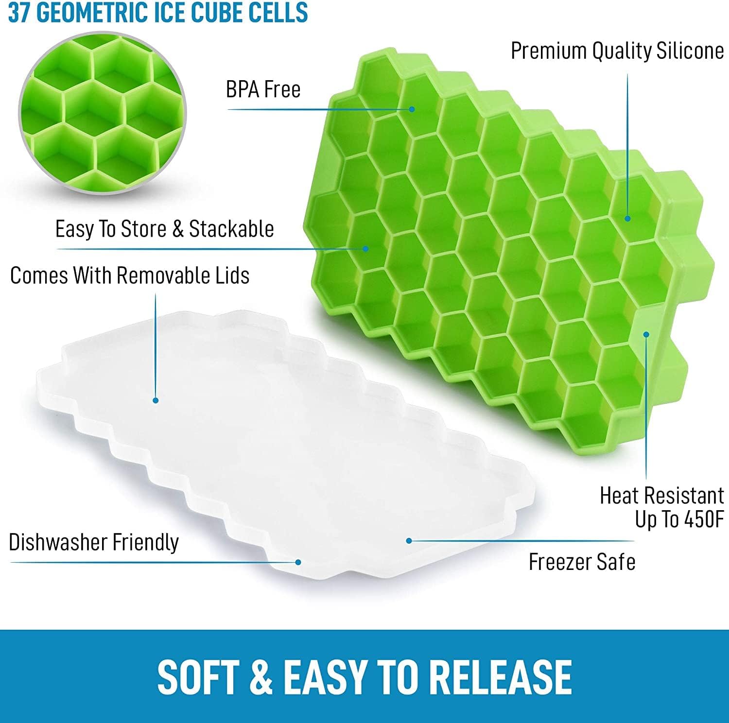 Ice Cube Trays Silicone Ice Cube Molds, Easy-Release and Flexible 37 Ice Trays BPA Free, for Whiskey Cocktail, Stackable and Safe Ice Cube Honeycomb Small Cubes Fridge Bar Soft Tray (with Lid) (1)