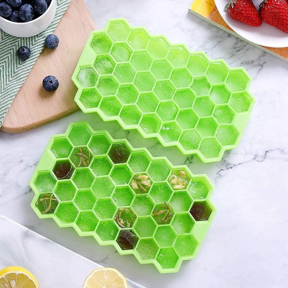 Ice Cube Trays Silicone Ice Cube Molds, Easy-Release and Flexible 37 Ice Trays BPA Free, for Whiskey Cocktail, Stackable and Safe Ice Cube Honeycomb Small Cubes Fridge Bar Soft Tray (with Lid) (1)