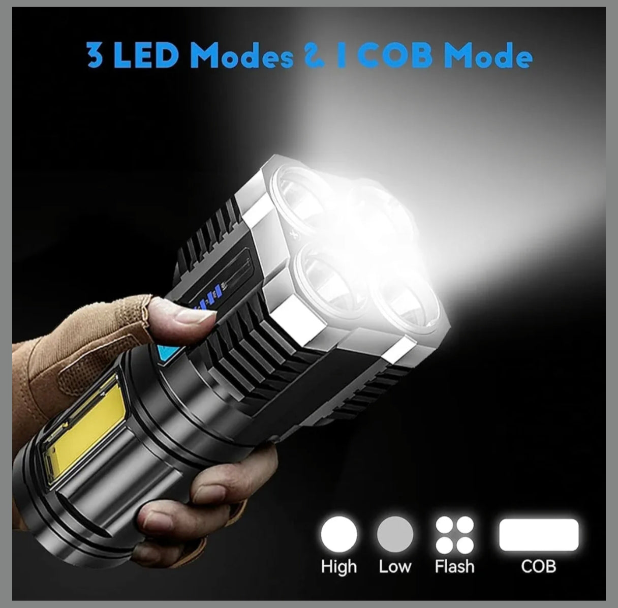 4-in-1 LED Torch Lights Rechargeable Emergency Torch Light 3W USB Charge Flashlight - High Power Long Distance Beam Range 4 Mode Torch for Outdoor, Indoor, Hiking, Walking, Camping (Multi)