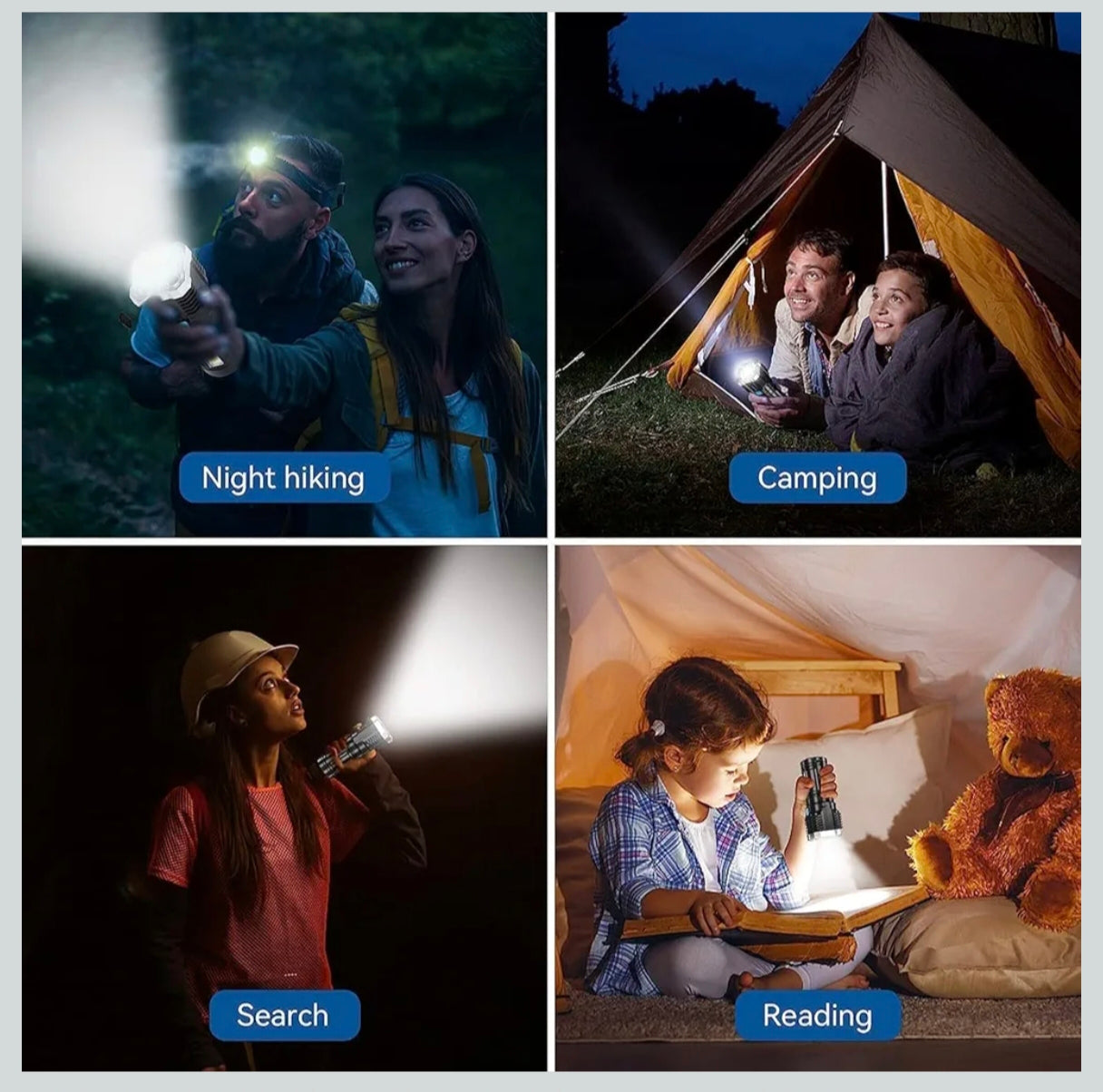 4-in-1 LED Torch Lights Rechargeable Emergency Torch Light 3W USB Charge Flashlight - High Power Long Distance Beam Range 4 Mode Torch for Outdoor, Indoor, Hiking, Walking, Camping (Multi)