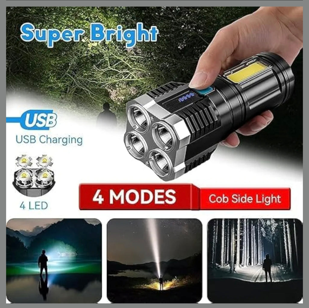 4-in-1 LED Torch Lights Rechargeable Emergency Torch Light 3W USB Charge Flashlight - High Power Long Distance Beam Range 4 Mode Torch for Outdoor, Indoor, Hiking, Walking, Camping (Multi)