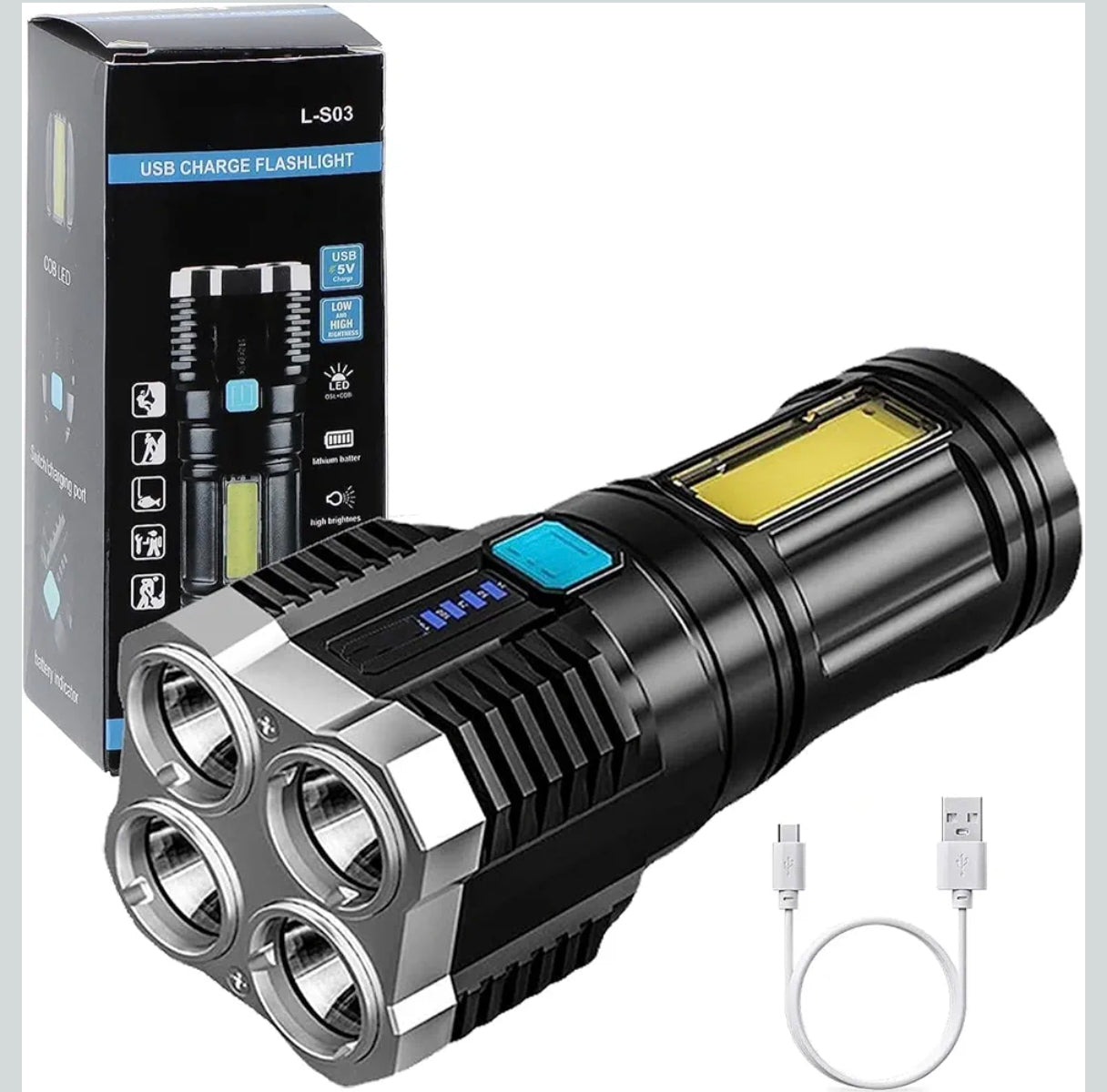 4-in-1 LED Torch Lights Rechargeable Emergency Torch Light 3W USB Charge Flashlight - High Power Long Distance Beam Range 4 Mode Torch for Outdoor, Indoor, Hiking, Walking, Camping (Multi)