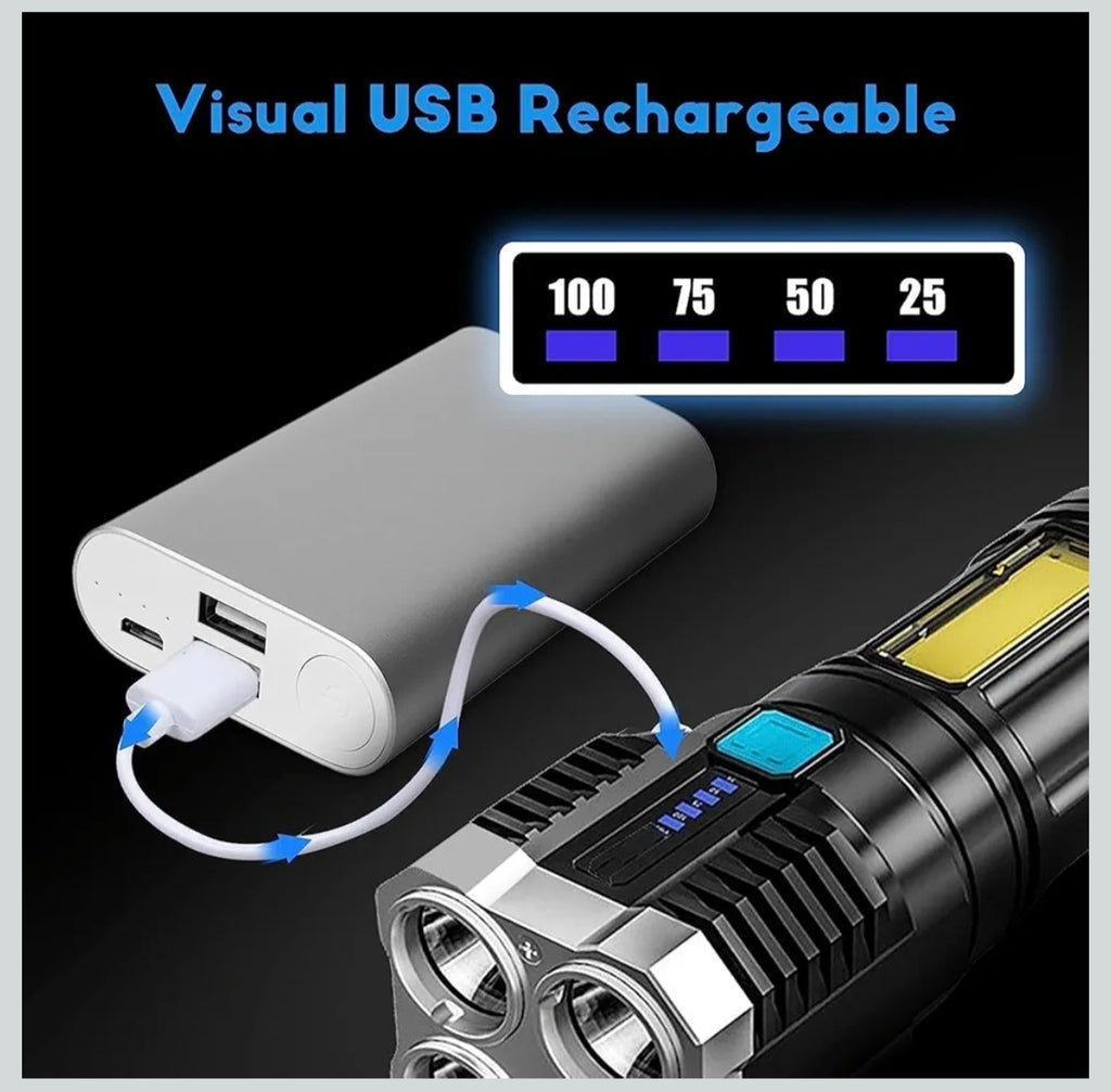 4-in-1 LED Torch Lights Rechargeable Emergency Torch Light 3W USB Charge Flashlight - High Power Long Distance Beam Range 4 Mode Torch for Outdoor, Indoor, Hiking, Walking, Camping (Multi)